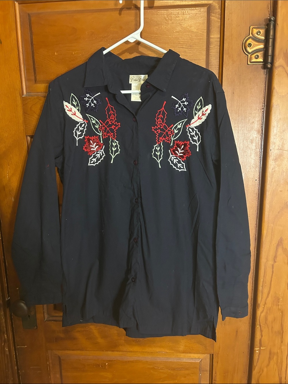 Vintage Bobbie Brooks Navy Button-Down Shirt with Red & Green Floral Embroidery
